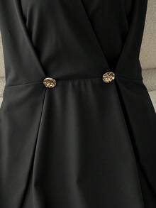 SHEIN Franclia Elegant V-Neck Short Sleeve A-Line Midi Dress, Versatile For Commuting And Leisure, Green, Spring/Summer - Black - View 6