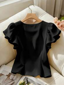 Franclia Women's Solid Color Ruffle Sleeve Round Neck Shirt, Yellow, Fashion Versatile French Style Short Pearl Button Decorated Blouse, Elegant Summer Top - Black - View 2