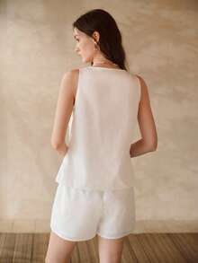 MOTF PREMIUM Bộ đồ ngủ nữ bằng vải cotton lanh thêu lỗ - Màu be - Xem 3