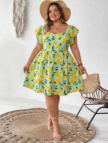 SHEIN CURVE+ 大码女式柠檬水果印花甜心领泡泡袖A字迷你连衣裙，夏季波西米亚风度假风 - 薄荷綠 - 查看 9