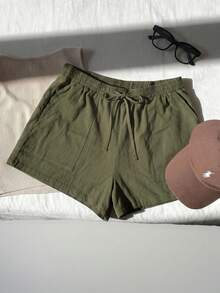 SHEIN EZwear Olive Green Woven Sports Shorts For Women - Army Green - View 4