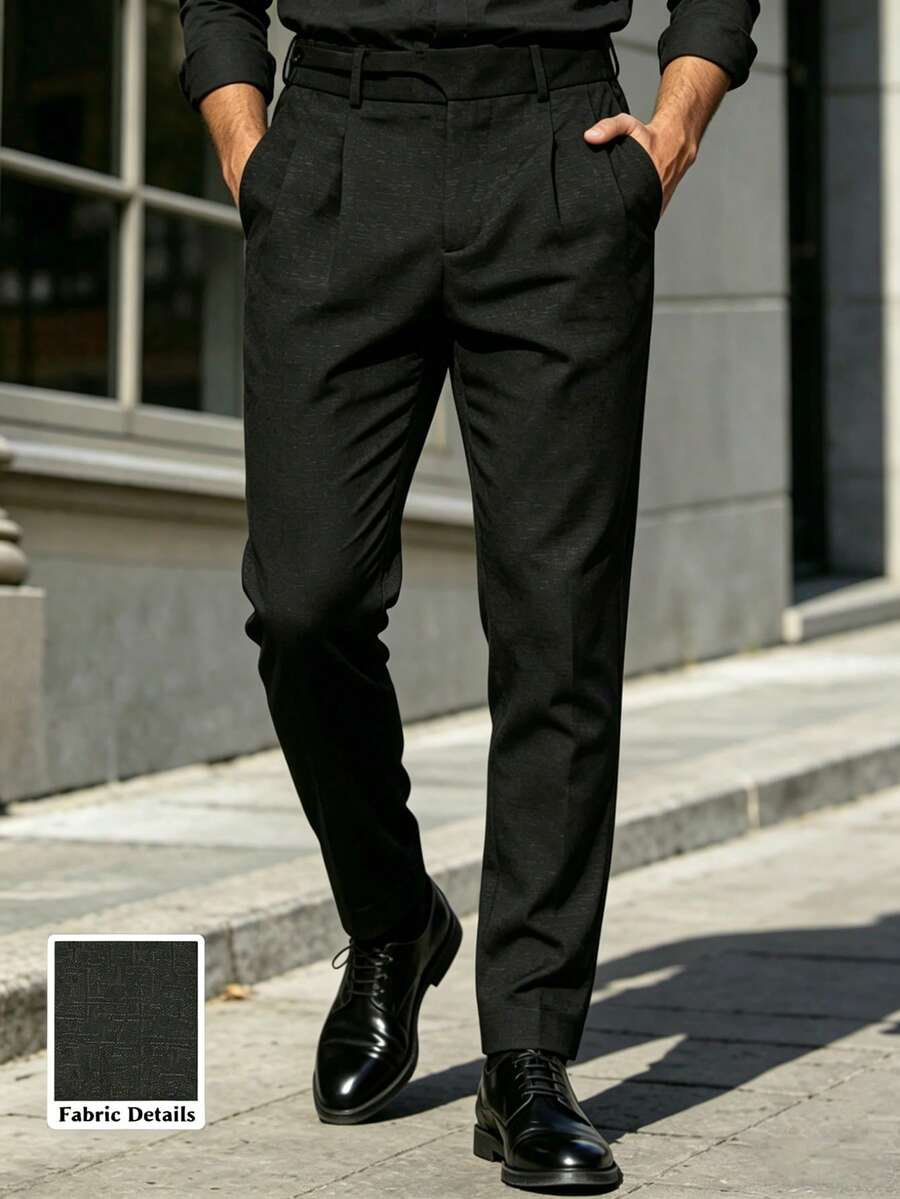Manfinity Bizformal Men's Black Textured Business Suit Pants, Autumn Slacks For Men Pants For Men Formal Office Business Casual Smart, Ceremony - Black - View 1