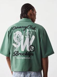 SWAVVY Men's Letter & Skull Print Casual Short Sleeve Shirt, Summer - Green - View 2