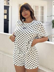 SHEIN EZwear 大码波点印花圆领短袖上衣和短裤两件套 - 黑與白 - 查看 1
