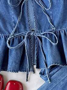 SHEIN Comfortcana Bộ đồ nữ phong cách thường ngày thoải mái, thích hợp cho kỳ nghỉ, đi làm, gồm áo denim không tay thắt nút phía trước và quần denim ống rộng, thích hợp cho mùa hè. - Rửa trung bình - Xem 5