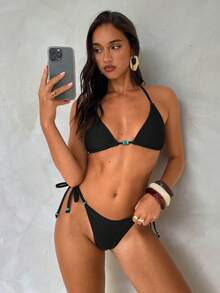 Aloruh Women's Summer New Tie-Dye Printed Bikini Set, Sexy Party Music Festival Iridescent Shell Decor Women's Swimwear, Women's Beach Vacation Outfit - Black - View 7