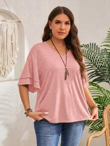 EMERY ROSE Camiseta casual de talla grande con cuello en V y mangas con volantes de unicolor - Rosa - Ver 5