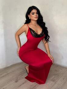 SHEIN SXY Đầm slip nữ ren phối họa tiết, thanh lịch, ôm eo, thích hợp cho tiệc tùng và đi chơi. - Đỏ - Xem 4