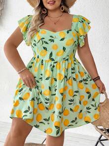 SHEIN CURVE+ 大码女式柠檬水果印花甜心领泡泡袖A字迷你连衣裙，夏季波西米亚风度假风 - 薄荷綠 - 查看 4