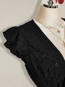 SHEIN ICON Plus Size Women's V-Neck Ruffle Trim Casual T-Shirt - Black - View 9