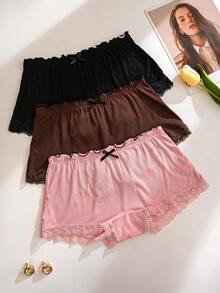 PetitDoll 3-Pack Plus Size Women's Casual Ruffled Waist Lace Trim Ribbed Boyshort Panties - Multicolor - View 7