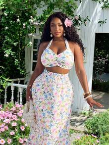 Slaydiva Conjunto Elegante de Duas Peças com Floral para Mulheres com Top Cropped e Saia de Cintura Alta, Confortável e Estiloso para Clima Quente - Multicolorido - Visão 8