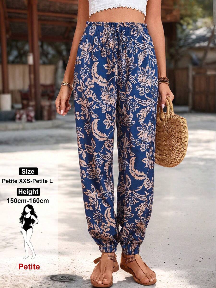 SHEIN PETITE Quần Harem nữ kiểu dáng thường ngày, họa tiết cây nhiệt đới, thích hợp cho kỳ nghỉ xuân/hè. - Màu xanh lam - Xem 1