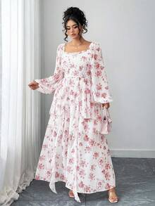 Elenzga Đầm dài tay cổ vuông in họa tiết toàn thân thanh lịch dành cho nữ cỡ lớn - Đỏ - Xem 6