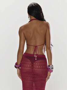MUSERA Distressed Bead Detail Knit Open Front Top Only Summer Holiday Vacation Beach Ibiza Cute Festival Elegant Cherry Moon - Burgundy - View 2