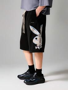 PLAYBOY X SUMWON Pantalón de chándal negro de corte relajado con cordón en la cintura e impresión gráfica de conejo - Negro - Ver 1