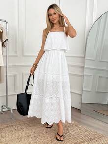 Easowa White Embroidered Dress, Layered Ruffle Collar, Lace Hem, A-Line Silhouette, Suitable For Romantic, Casual, Beach Vacation - White - View 5