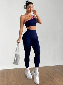 Dewbera Dewbera Kamisol Yoga Satu Bahu Tanpa Jahitan, Pengangkat, Elastisitas Tinggi, Setelan Olahraga Wanita Warna Navy, Set Latihan Aktif Dua Potong, Legging Gym, Blok Warna. - Navy Blue - View 7