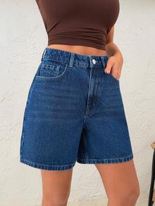 SHEIN Short de mezclilla de cintura alta 100% algodón, estilo casual, lavado azul, con cierre de botón para mujer - Azul lavado oscuro - Ver 4