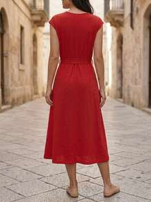 Vestido Midi Rojo Casual con Cinturón - Rojo - Ver 5