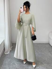 SHEIN Raffinéa Đầm nữ thanh lịch, tinh tế, tay cánh dơi, eo thon, màu kaki, thích hợp cho công sở và thường ngày, mùa xuân/hè. - xanh xám - Xem 6