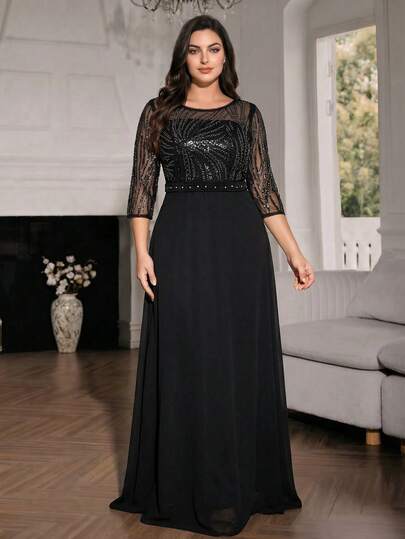 Modelyn Women's Elegant Round Neck Embroidered Chiffon A-Line Long Sleeve Evening Dress, Suitable For Wedding Guest Dresses, Graduation Ceremony Dresses, And Bridesmaid Dresses Black Plus Size Formal Dress Plus Formal Evening Gown Curve Formal Evening Gown Valentines Dress Elegant Dress Sequin Dress Floral Dress  Graduation Ceremony, School Opening, Music Festival, Birthday Party, Wedding, Afternoon Tea Gathering, Ball
