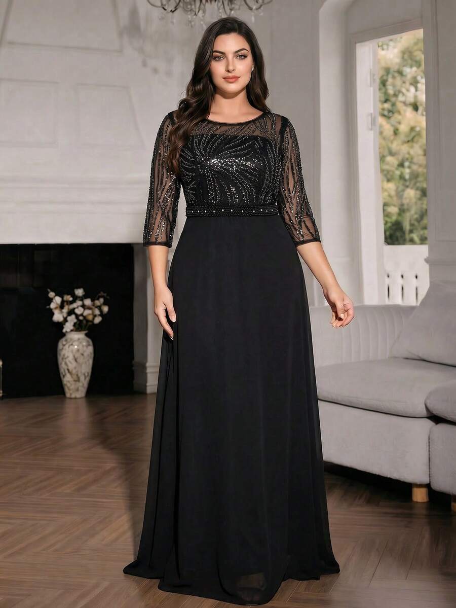 Modelyn Đầm dạ hội dài tay dáng chữ A bằng chiffon thêu họa tiết, cổ tròn, thanh lịch dành cho nữ, thích hợp làm đầm dự đám cưới, đầm tốt nghiệp và đầm phù dâu.
