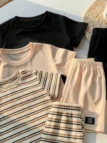 SHEIN Kids Summer Casual Outfit,Comfortable Round Neck Short Sleeve Striped T-Shirt And Shorts Set,Suitable For Outdoor Play,Street Photography And Party - Multicolor - View 6
