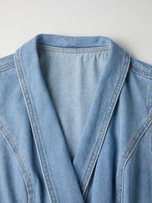 GlowEve Bộ jumpsuit denim nữ mùa hè dáng rộng, không tay, cổ ve lật, viền bèo nhún. - Màu xanh lam - Xem 6
