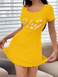 SHEIN Áo ngủ nữ tay ngắn kiểu dáng Ins in họa tiết chữ tình yêu, thích hợp mặc mùa hè. - Màu vàng - Xem 5