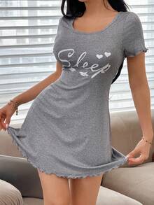 SHEIN Women's Casual Love Letter Print Short Sleeve Sleep Dress, Ins Style, Summer - Grey - View 6