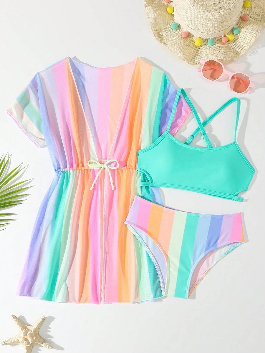 Tween Girl Fashionable Sweet Summer Separated Three-Piece Bikini Set Summer Beach Summer Holiday - Mint Green - View 1