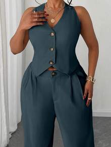 Maweii Plus Size Women 2 Pieces Set: Solid Color Cropped Vest & Wide Leg Pants - Teal Blue - View 5