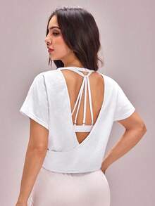SHEIN Sovereign Charm 女士纯色简约日常短袖柔软运动T恤 - 白色 - 查看 4
