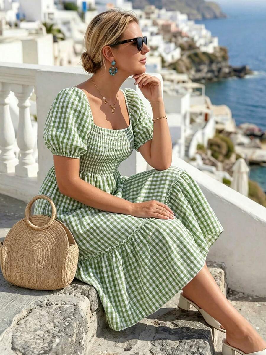 SHEIN LUNE CURVE Đầm nữ cỡ lớn thanh lịch, thoải mái, cổ vuông, kẻ caro xanh lá cây, tay cánh hoa, kiểu dáng công sở, thắt eo, thích hợp cho mùa xuân/hè. - màu xanh lá - Xem 1