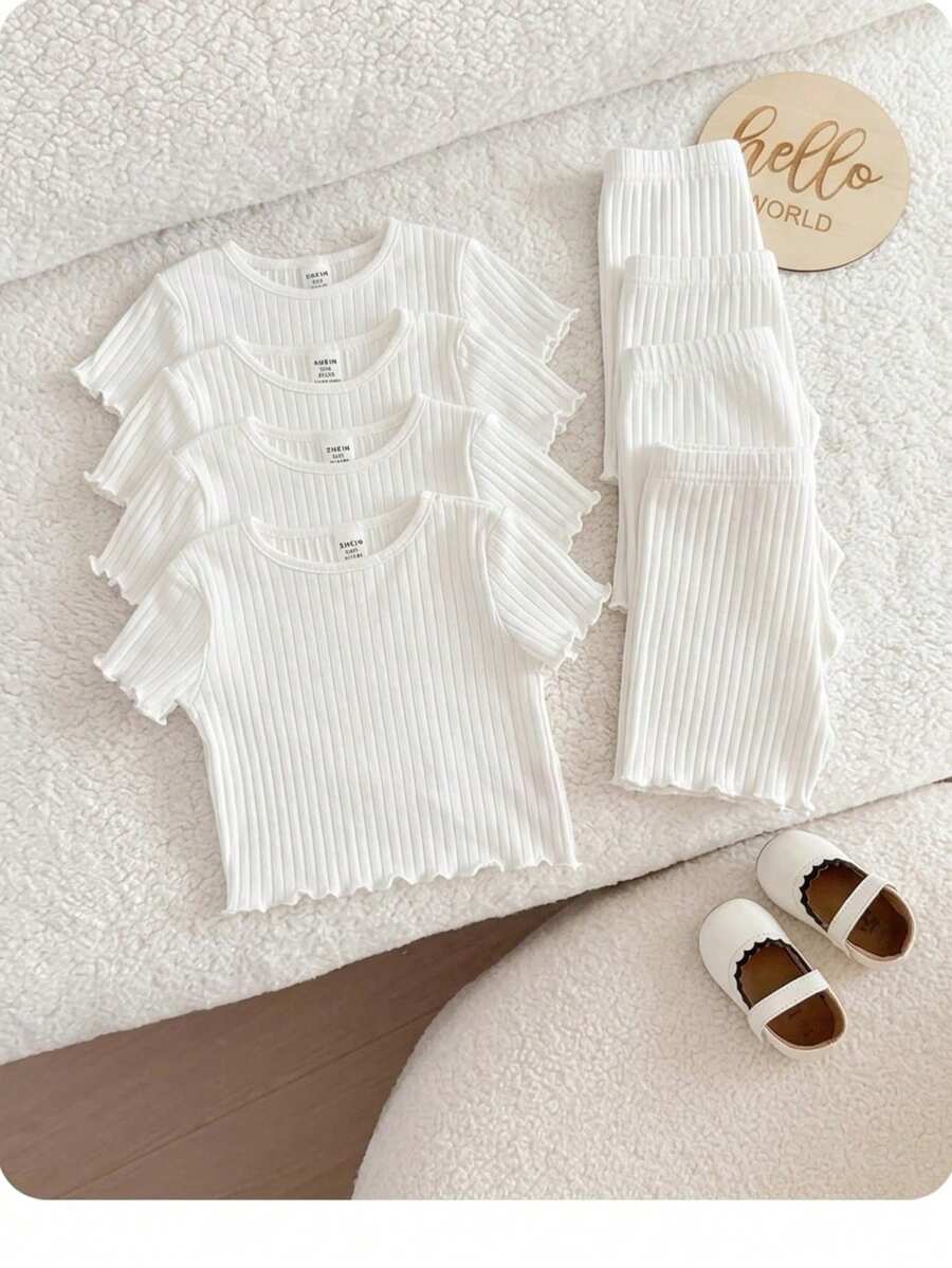 SHEIN 4 Pieces Set: Baby Girls Cute Ribbed Wavy Hem Short Sleeve Tops, Summer "Babygirl" Design, Buy 1 Get 3 Free - White - View 1