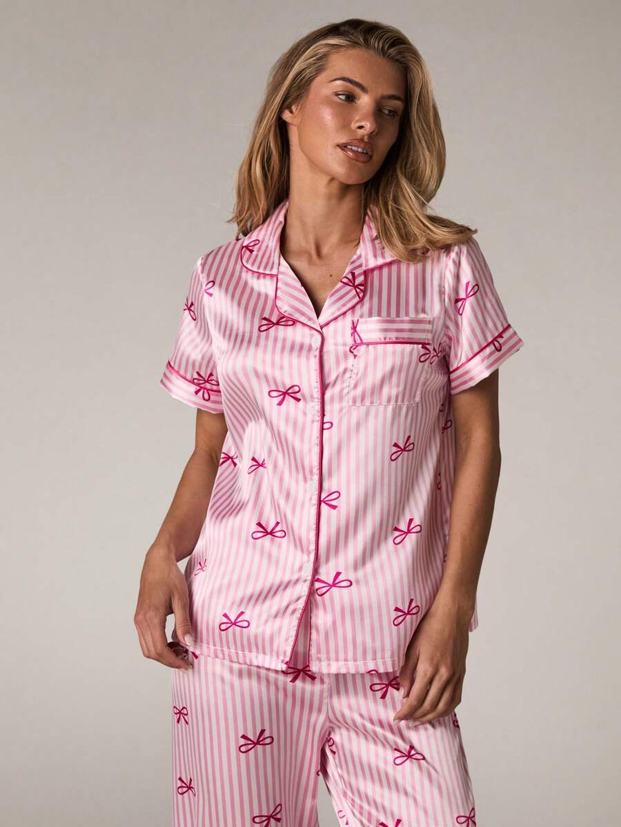 SHEIN BAE 女士仿丝条纹蝴蝶结领短袖睡衣套装 - 粉色 - 查看 1