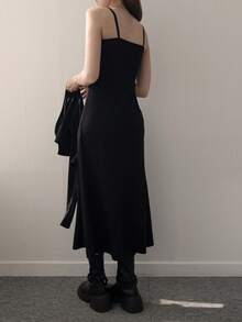 DAZY 女士两件套：纯色长袖开衫上衣和吊带连衣裙家居服套装 - 黑色 - 查看 5