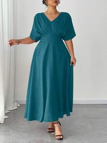 SHEIN Elenzya Plus Size V-Neck Solid Color Short Sleeve Casual Dress, Simple & Fashionable For Everyday Wear,Valentine - Mint Green - View 7