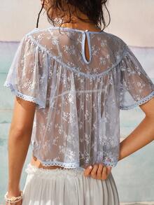 SoleilVie Blusa elegante y romántica de mujer con cuello redondo y mangas acampanadas con encaje - Azul - Ver 3