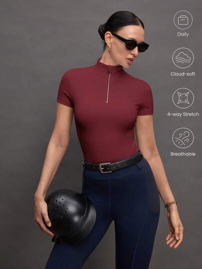  Women's Solid Color Zipper Placket Short Sleeve Equestrian Top Activina Women's Stand Collar Solid Color Raglan Short Sleeve Fitted Equestrian Shirt Burgundy  Ralphlauren Old Money