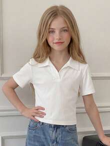Dazy Kids Áo thun ngắn tay có cổ ôm dáng dành cho bé gái tuổi teen - trắng - Xem 4