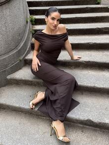 Marta Soriano 不对称褶皱斜肩上衣和高开叉褶皱低腰裙夏季套装，女装，粉色，女士优雅不对称，褶皱，开叉大腿无袖修身咖啡棕色蝙蝠袖裙女两件套服装，春夏，休闲日常穿着 - 咖啡棕 - 查看 4