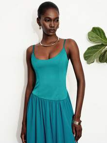 Aveloria Modichic Đầm phối satin và chiffon màu xanh hồ, dáng xòe, thanh lịch và tinh tế, thích hợp cho các bữa tiệc, lễ hội, kỳ nghỉ, đa năng cho mùa xuân/hè. - Màu xanh ngọc - Xem 2
