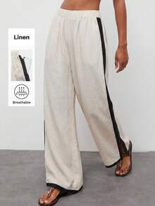 Maija Women's Long Black And White Casual Pants Straight Leg Woven Fabric With Stylish Colorblock Side Stripe São João Women's Clothing Mother's Day - Black and White - View 1