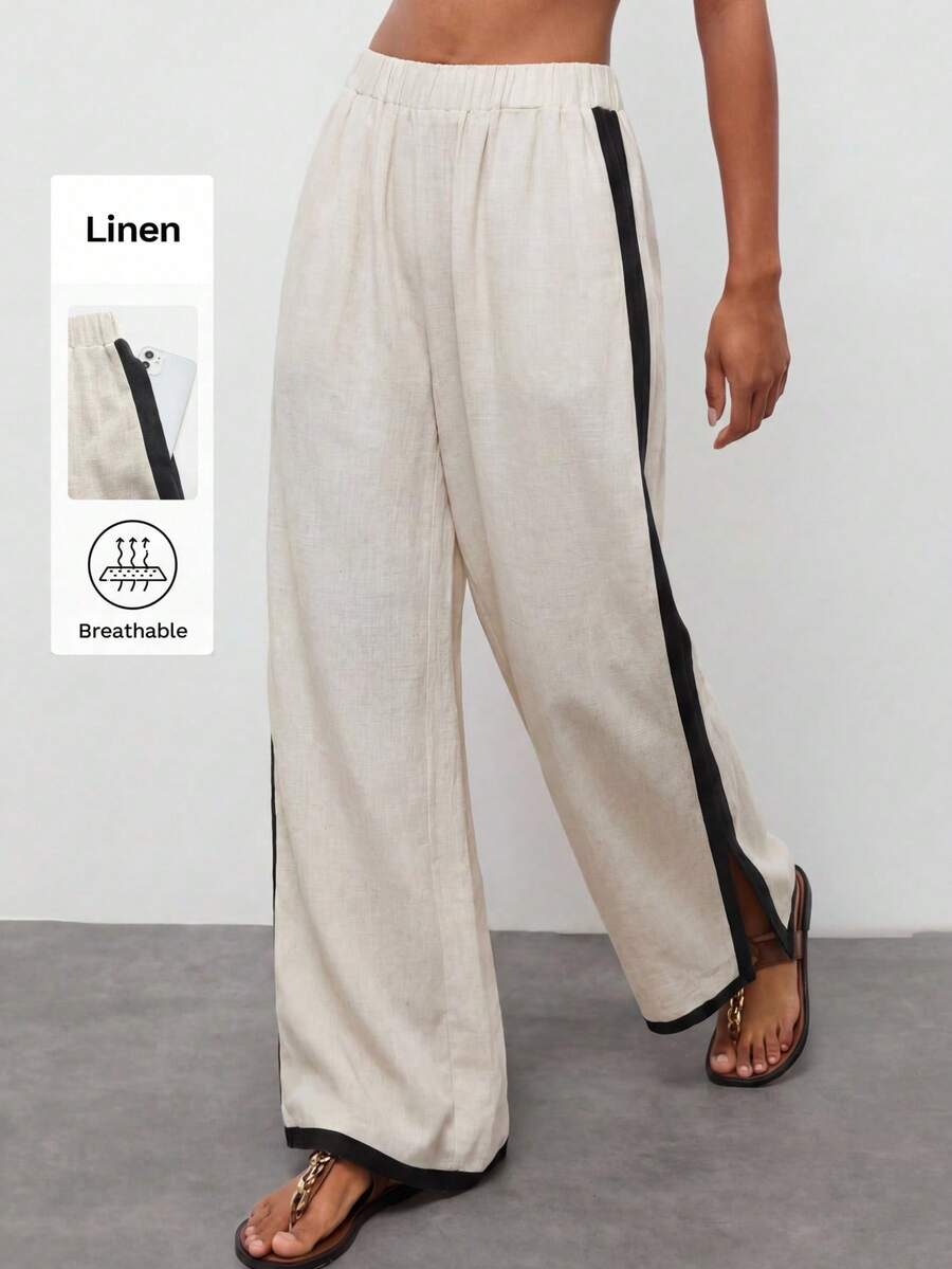 Maija Women's Long Black And White Casual Pants Straight Leg Woven Fabric With Stylish Colorblock Side Stripe São João Women's Clothing Mother's Day - Black and White - View 1