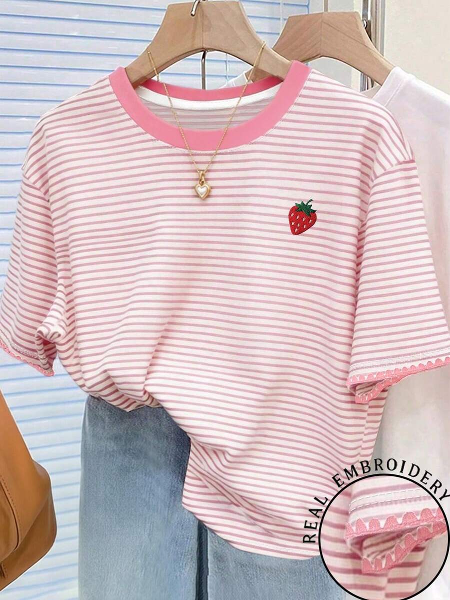 草莓图案宽松圆领短袖T恤,适合青少年女孩,夏季新品,经典粉白条纹红色草莓图案,袖口饰有贝壳刺绣,休闲青少年短袖宽松T恤 - 彩色 - 查看 1