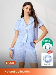 LUVLETTE 女士夏季舒适蓝色格纹睡衣套装 - 水手领和蝴蝶结细节，柔软透气夏季家居服 - 藍白色 - 查看 1