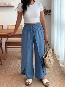 Enliva Plus Size Solid Color Fashion Pants, Suitable For Summer - Blue - View 4