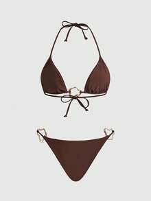 ROMWE Avant Women's Summer Bikini Set, Made Of Solid Color High Elastic Fabric, Decorated With Metal Accessories, Sexy And Hot Girl Y2K Bikini Set, Suitable For Party, Music Festival, Women's Beach Outfit, Women's Holiday Outfit, Women's Beach Wear, Women's Summer Beach Bikini, Outdoor Water Sports Or Surfing Clothing For Summer Vacation - Brown - View 2